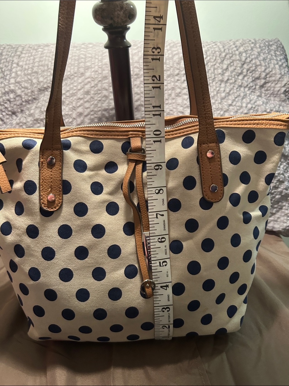 Rosetti Navy Polka Dot Canvas Tote with Tan Trim - Picture 8 of 8